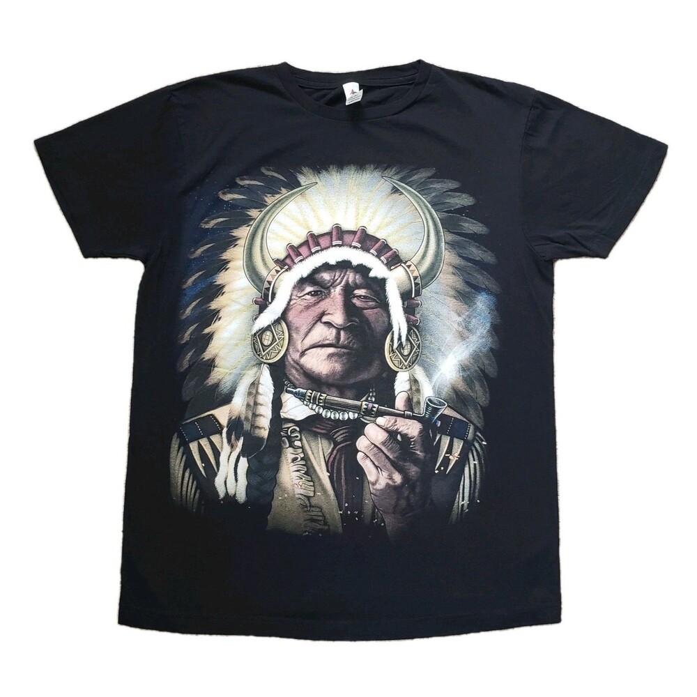 Native American Peace Pipe Size Medium Mens 100% Cotton Black T-Shirt Chief